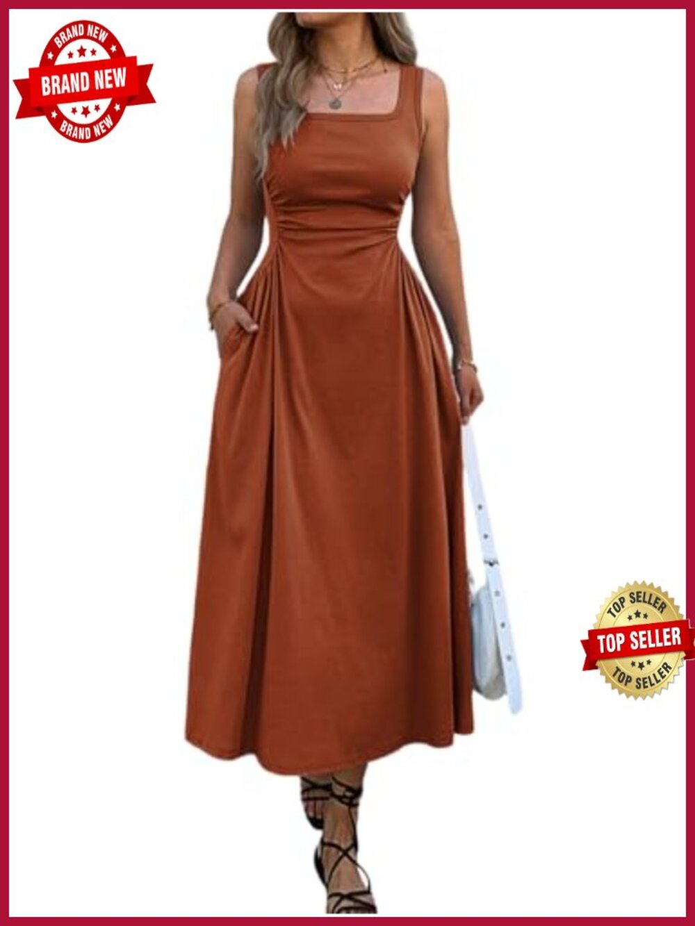 Sleeveless Square Neck Slim Fit Maxi Dress with Pockets Ruched Waist Flowy